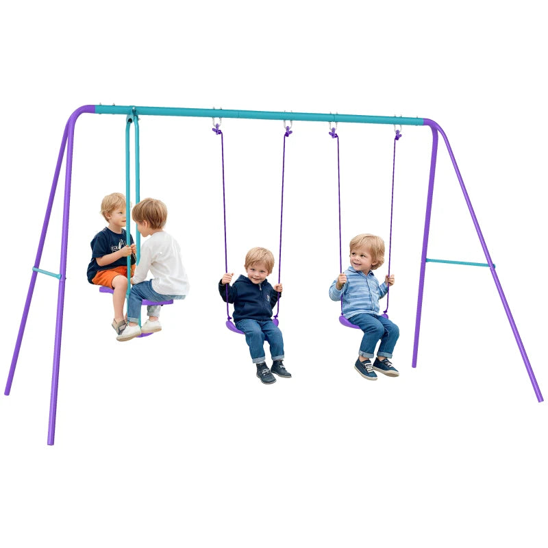 Sturdy Metal Swing Set with Adjustable Height Seesaw for Children 3+ Purple