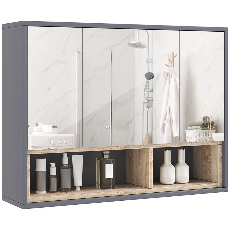 3-Door Wall Mirror Cabinet for Bathroom, Grey with Storage Cupboards