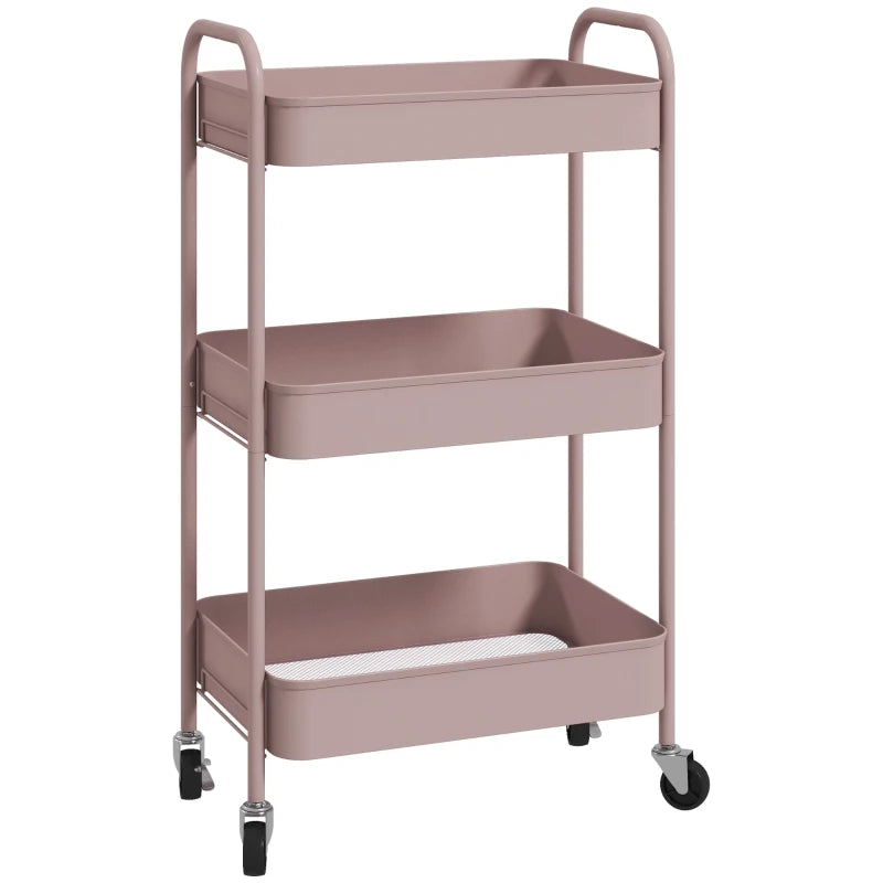 Steel 3-Tier Storage Trolley – Pink Rolling Organizer Cart