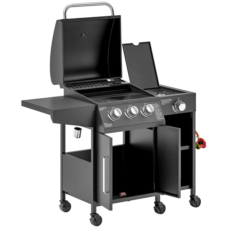 BBQ Grill with Storage Cabinet, Shelves, Thermometer & Wheels for Garden Parties 9.5 kW