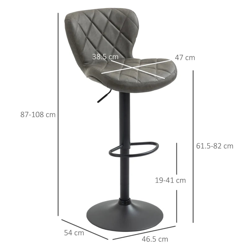 Bar Stools 2-Pack, PU Leather, Diamond Stitch, Swivel, Steel Legs, Dark Grey