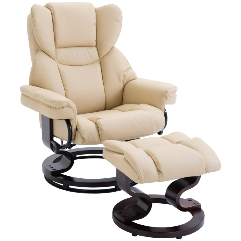 PU Leather Recliner Chair – 360° Swivel with Footstool, Cream, Wood Base