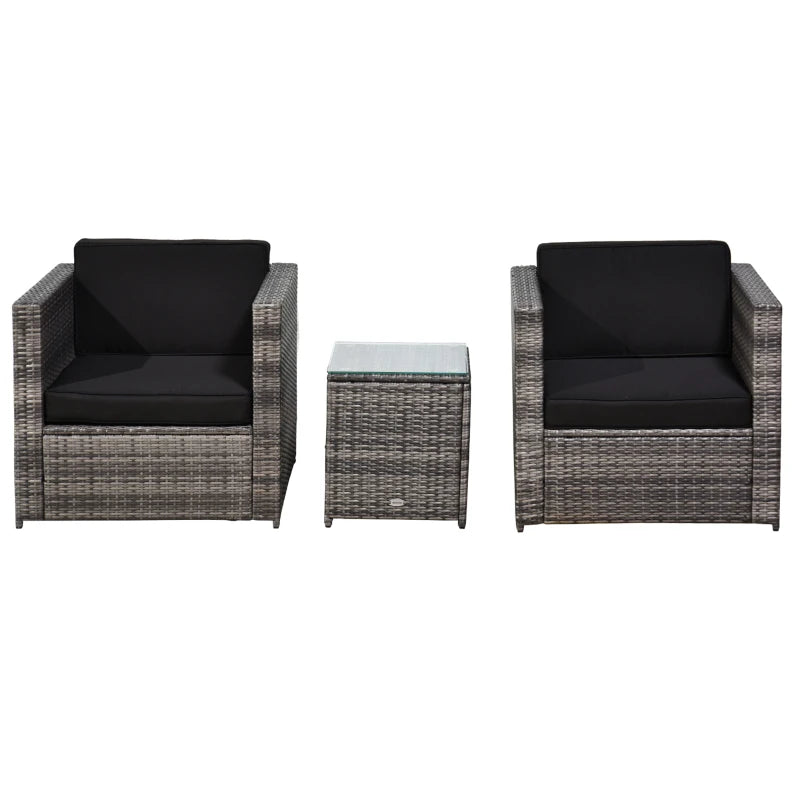 Wicker Bistro Set with Glass Table & Washable Cushions – 3-Piece Grey