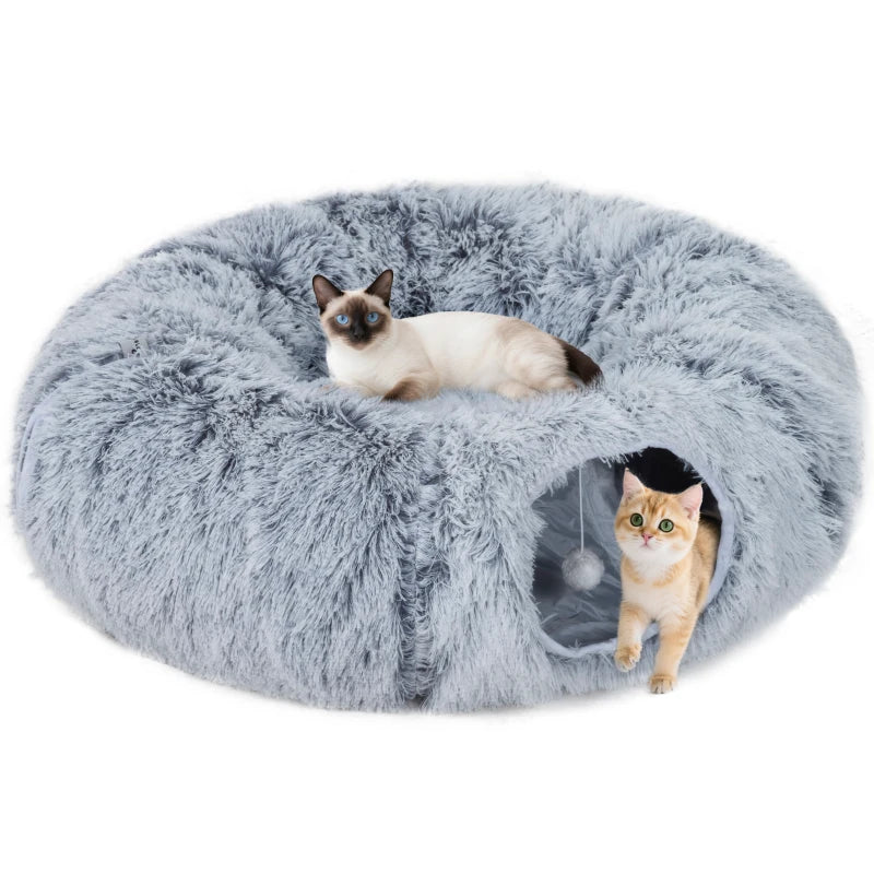 Cat Tunnel Bed with Washable Cushion & Play Ball – Grey