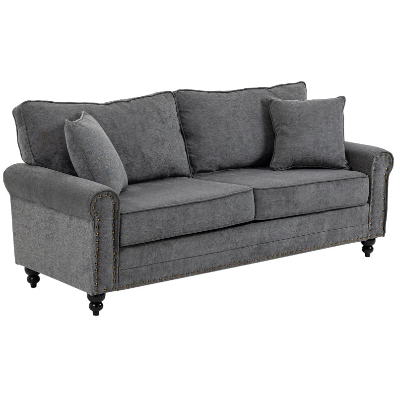 3-Seater Upholstered Sofa with Rubber Wood Legs, Nailhead Trim, Grey
