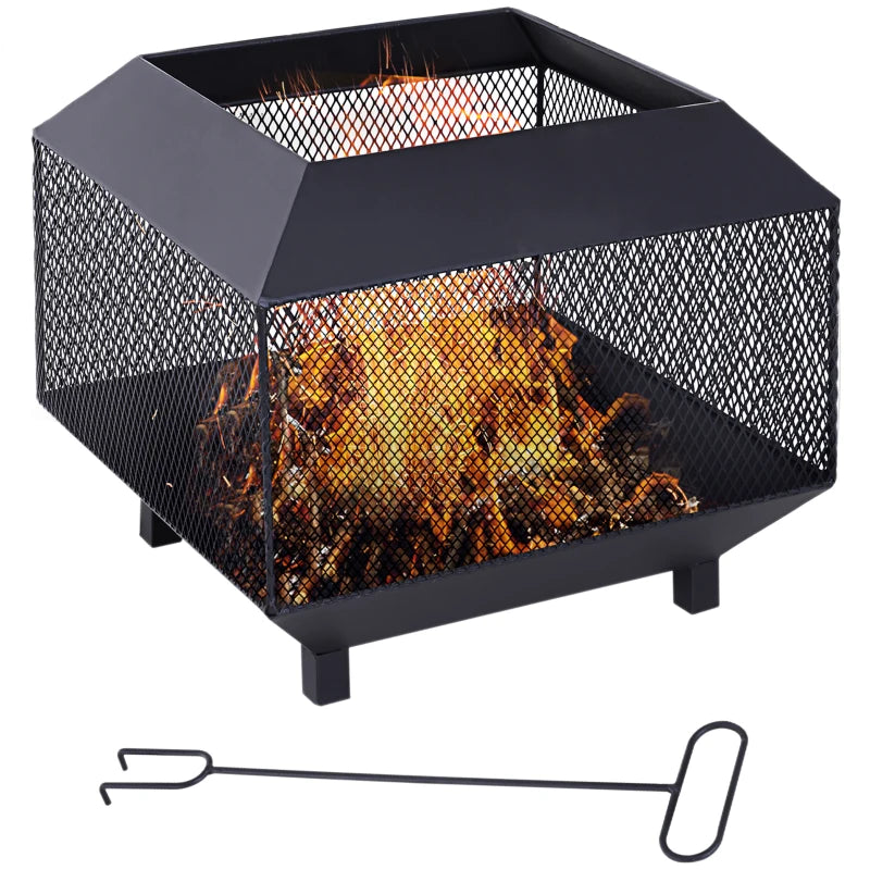 Square Metal Fire Pit with Mesh Cover, Log Grate & Poker for Bonfires, 44x44x40cm