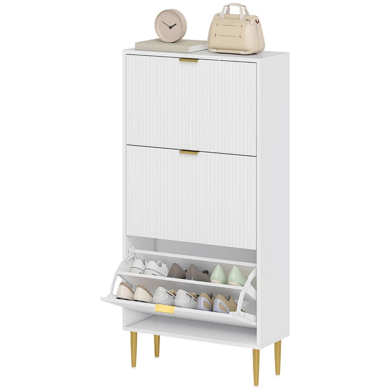 3-Drawer Narrow Shoe Cabinet with Flip Doors, White