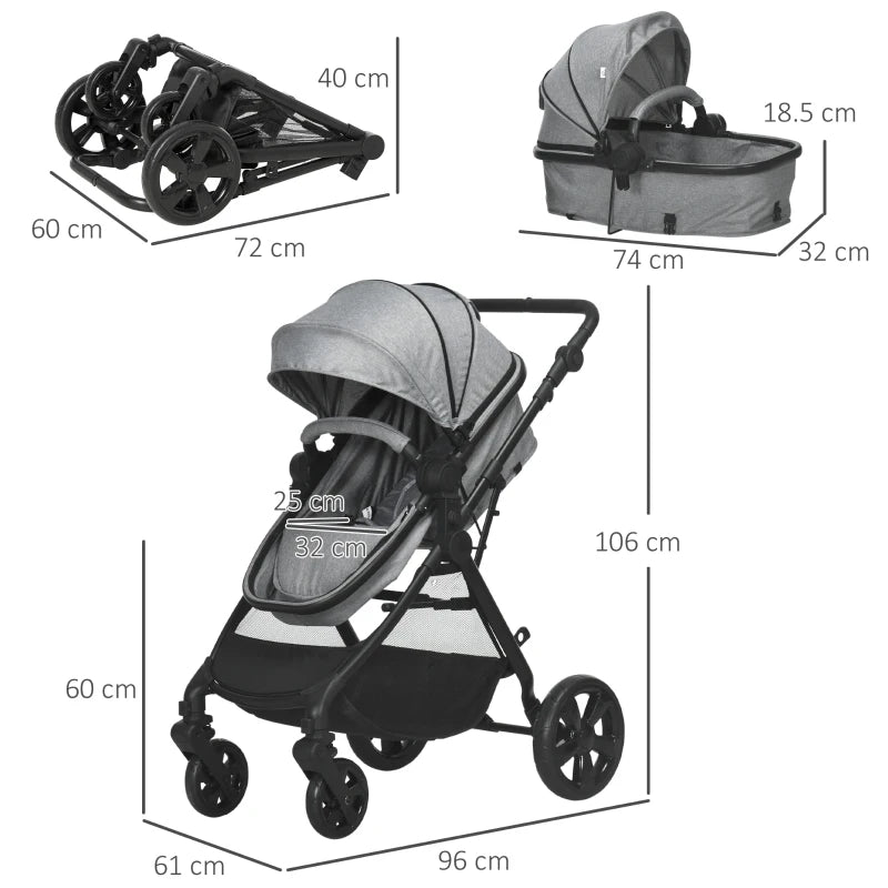 Foldable Baby Stroller in Grey – Reclining Seat & Canopy for 0–36 Month Toddlers