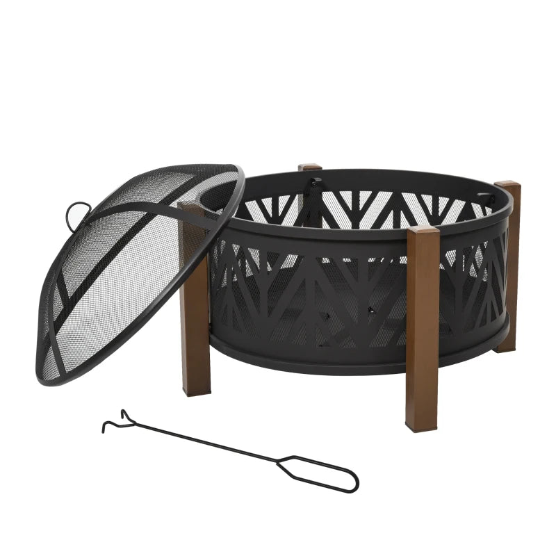 Metal Firepit Bowl Outdoor 2-in-1 with Lid, BBQ Grill & Poker, Black 78x78x60cm
