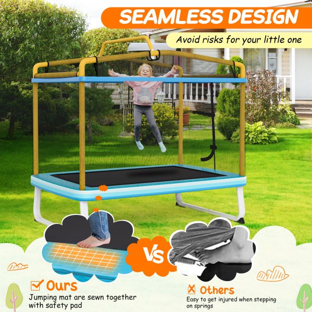 190CM 3-in-1 Kids Rectangle Trampoline with Safety Net and Horizontal Bar