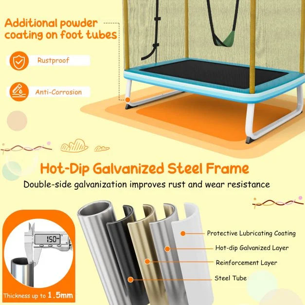 190CM 3-in-1 Kids Rectangle Trampoline with Safety Net and Horizontal Bar