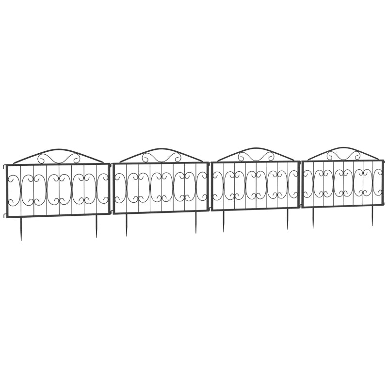 Black Metal Picket Fence Panels, Set of 4, Rustproof Outdoor Garden Border Edging
