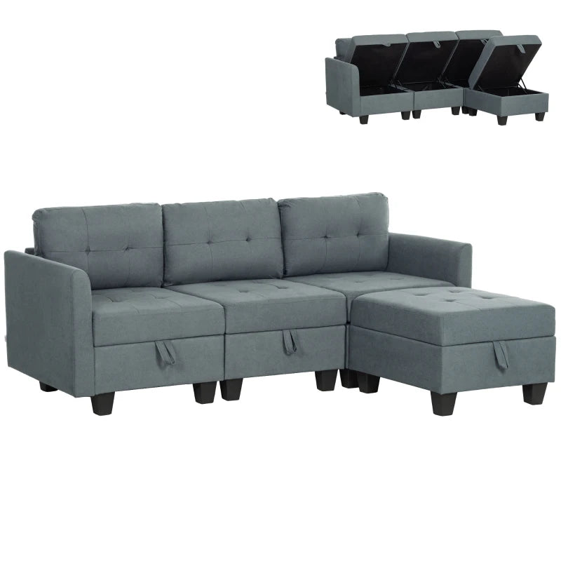 Modular 'L' Shape Sofa with Storage, Dark Grey Upholstery