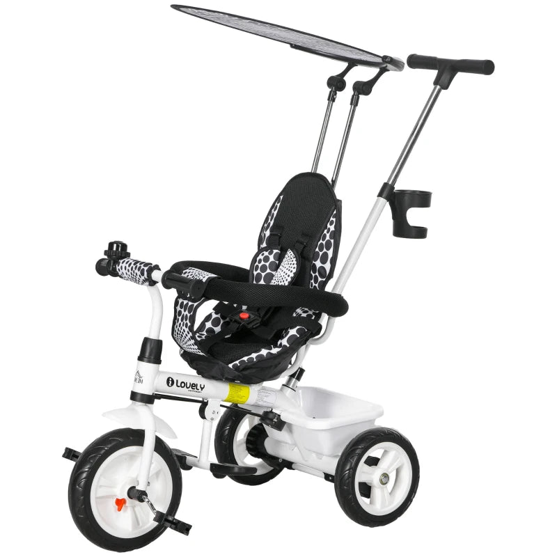 Versatile 6-in-1 Kids Tricycle with 5-Point Harness Straps and Canopy – White