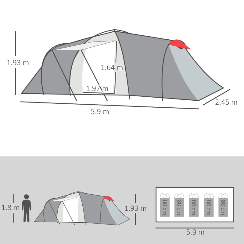 4-Person Tent – Tunnel Style with Living Room, Grey & Red