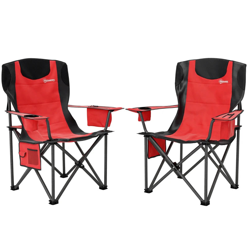 Red Folding Camping Chairs with Cooler Bag & Adjustable Armrests