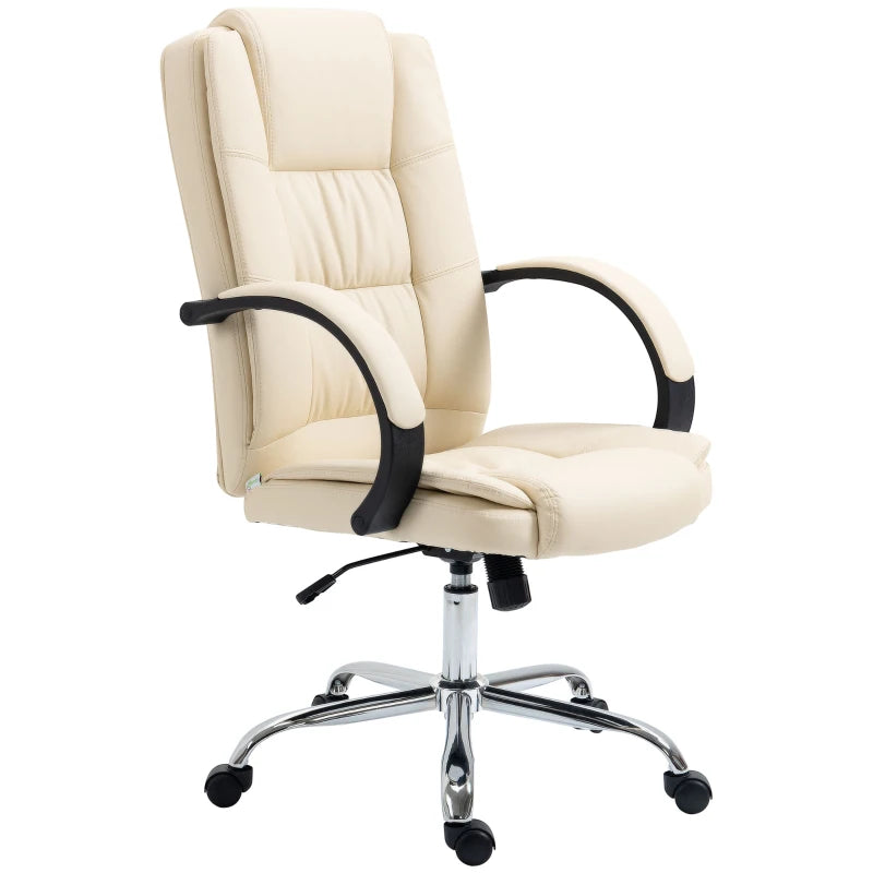 Beige Office Chair – PU Leather Desk Chair with 13cm Padded Seat, Swivel & Wheels