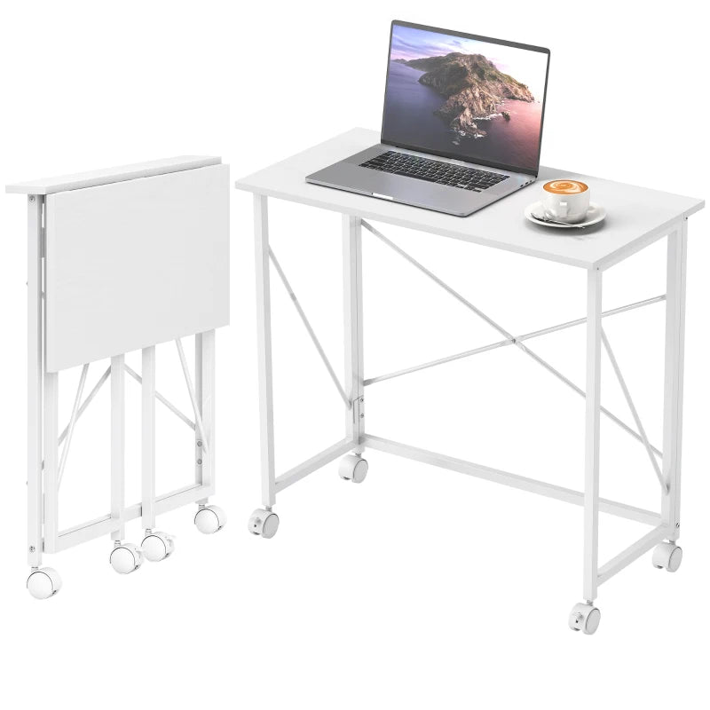 Compact Folding Desk on Wheels – White 80 cm
