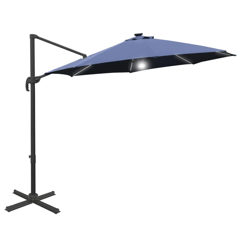 Blue Cantilever Parasol with Solar-Powered LED Lights and Sturdy Base – 3m