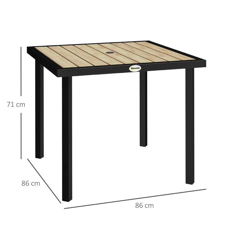 Square Garden Dining Table with 5.4cm Parasol Hole, Slatted Top & Metal Frame, 86x86cm