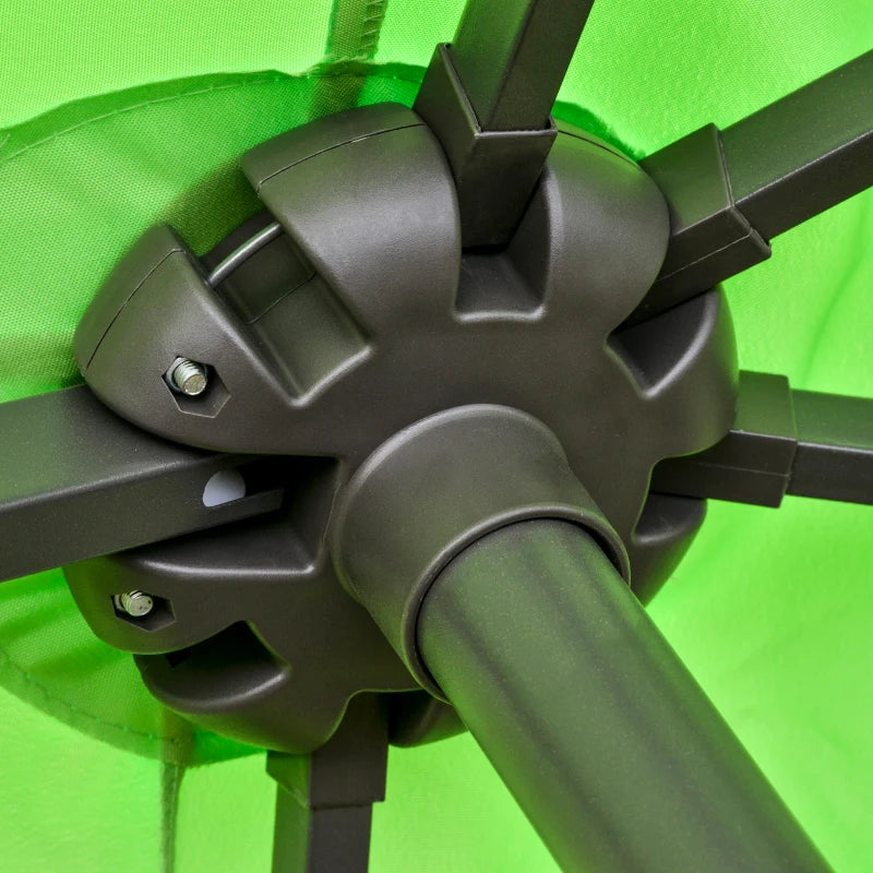 Sturdy green sun umbrella with double-sided crank and cross base for easy use 4.6m