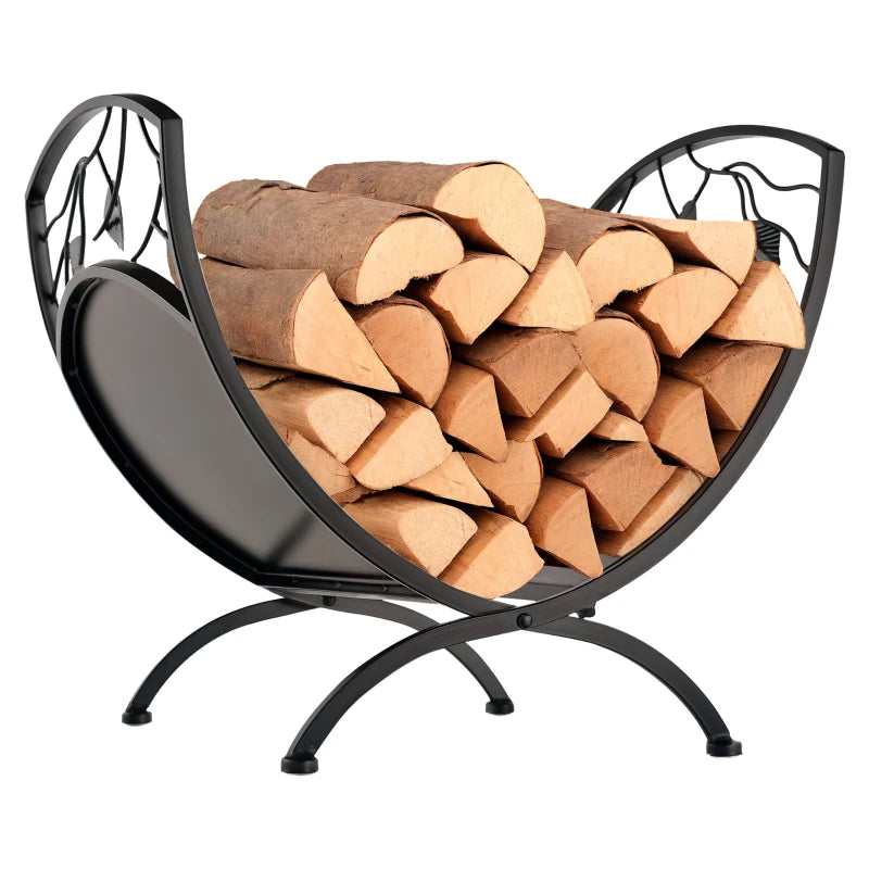 Folding Firewood Rack with Metal Arced Frame and Decorative Leaf Pattern Design