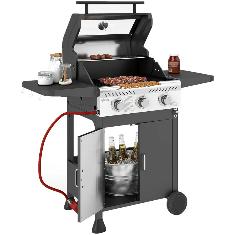 Outdoor Gas BBQ Grill 7.5kW with Three Burners and Clear Lid in Black Finish
