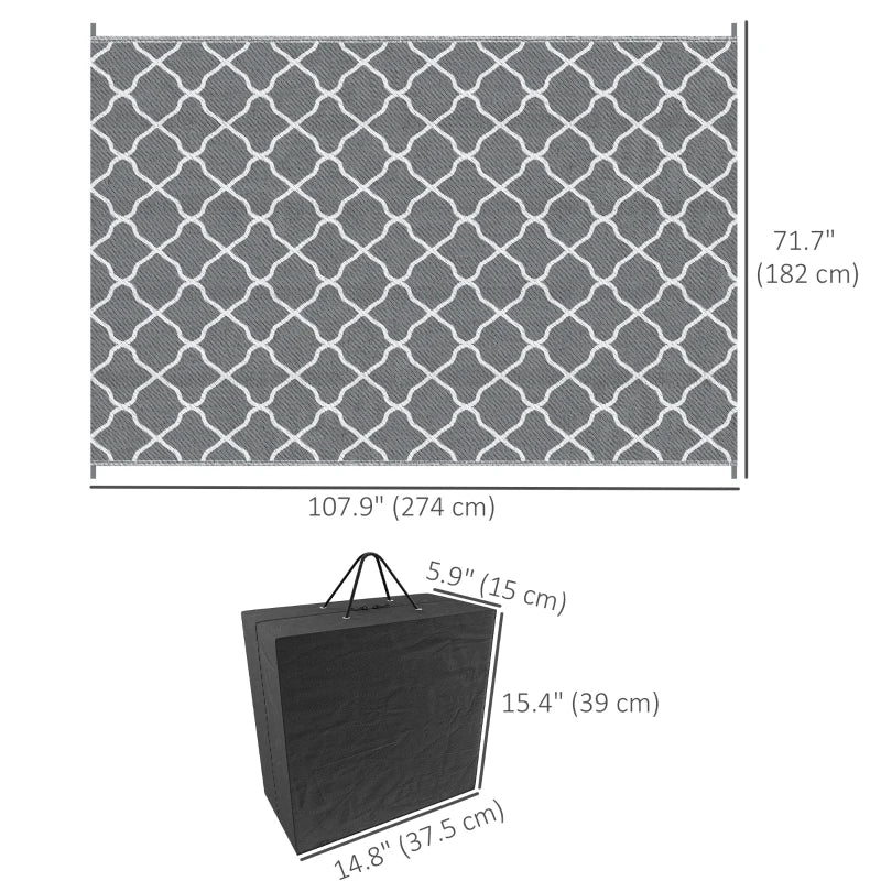 Grey Waterproof Outdoor Rug – 182x274cm Reversible Straw Mat with Carry Bag