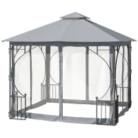 Patio Party Tent with Metal Frame, Double Tier Sun Shade & Netting, Light Grey, 3 x 3m