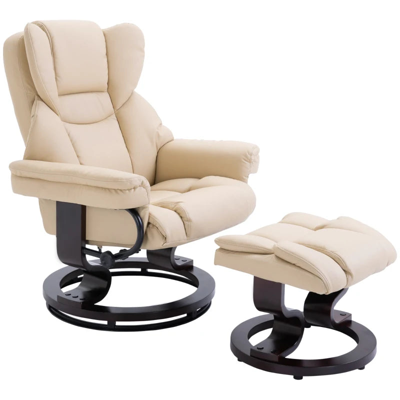 PU Leather Recliner Chair – 360° Swivel with Footstool, Cream, Wood Base