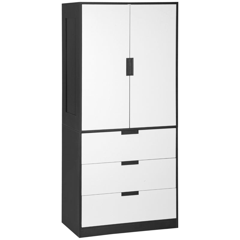 2-Door Bedroom Wardrobe with Drawers & Hanging Rod - Black