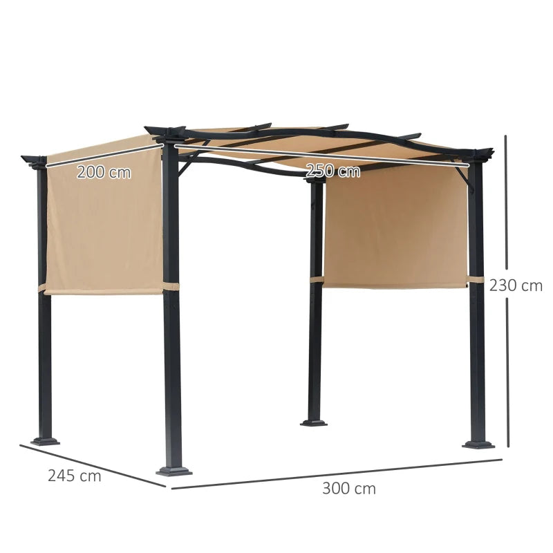 Steel Garden Pergola with Adjustable Side Canopy – Sun Shade Shelter, Khaki, 2.96x2.45x2.3m