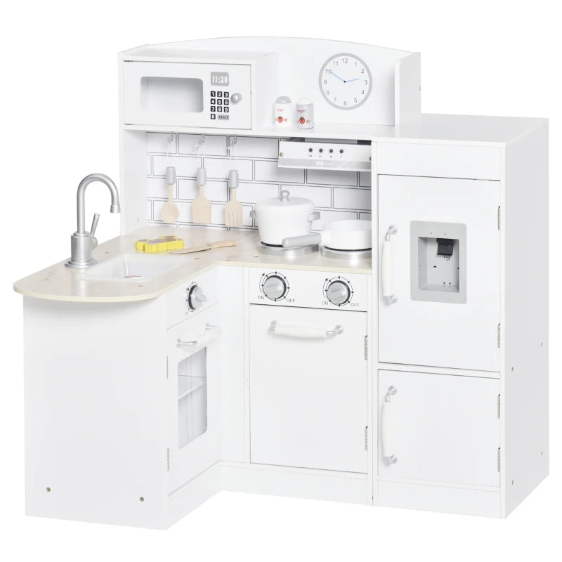 Wooden Play Kitchen for Kids with Fridge, Microwave & Water Fountain – White