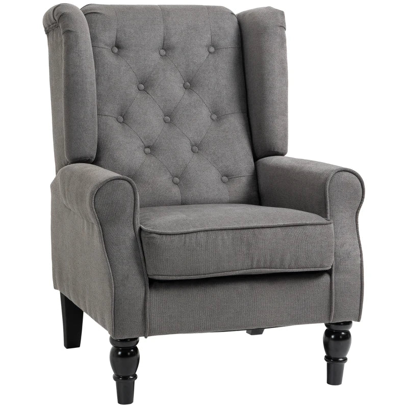 Wingback Accent Chair, Dark Grey Linen, Button Tufted & Wood Frame