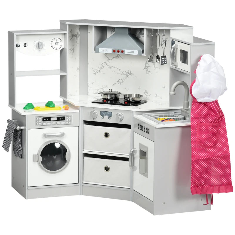 Realistic Play Kitchen Set with Water, Lights, Sounds, Apron & Chef Hat for Ages 3-6