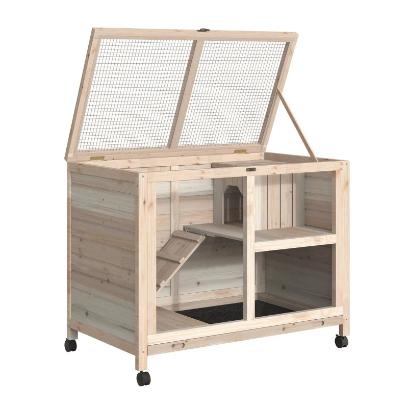Natural Wooden Bunny Cage with Openable Roof & Wheels