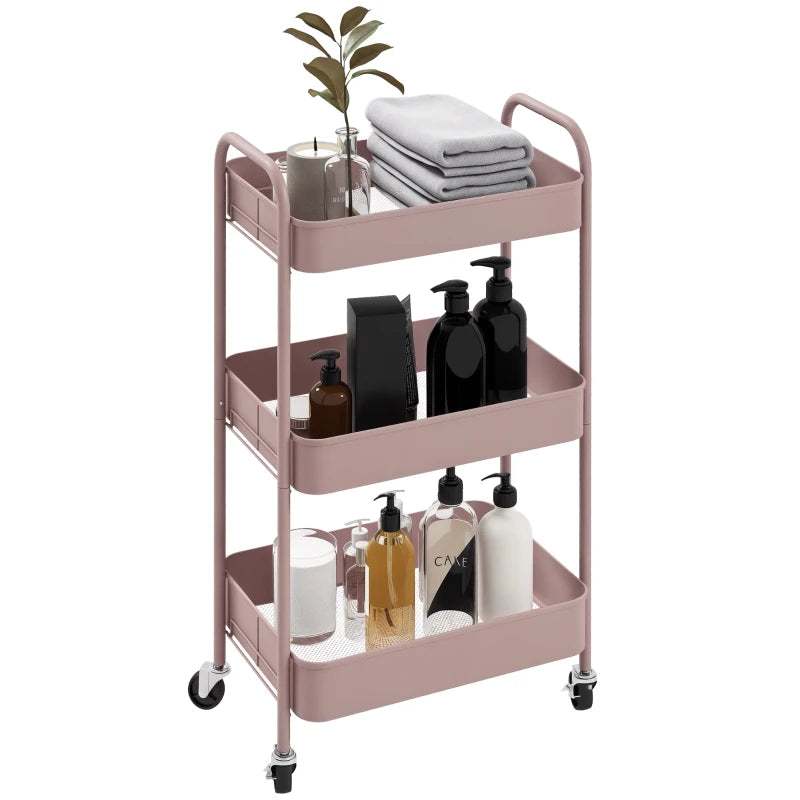 Steel 3-Tier Storage Trolley – Pink Rolling Organizer Cart