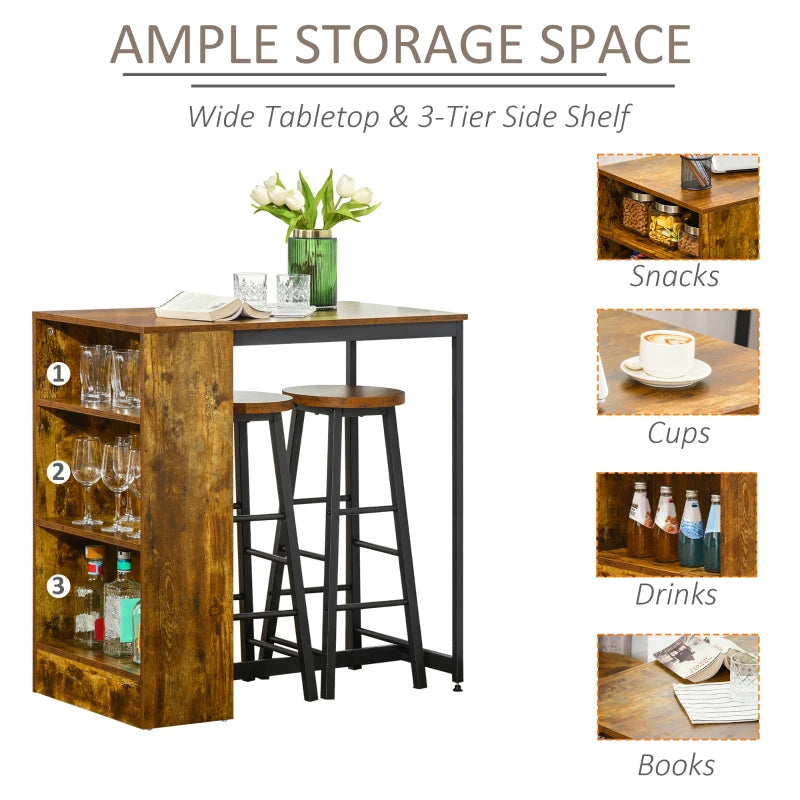 Industrial 3-Piece Bar Table Set for 2 with Storage Shelf for Kitchen