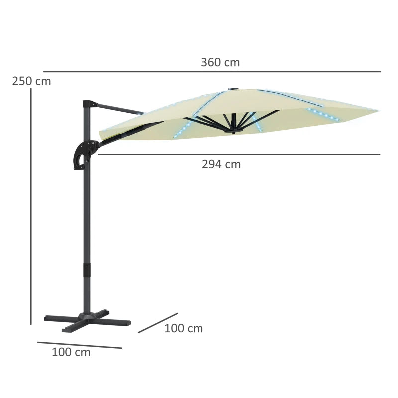 Solar Powered Garden Parasol with Crank Handle, Cross Base & 360° Rotation – 3m Cream
