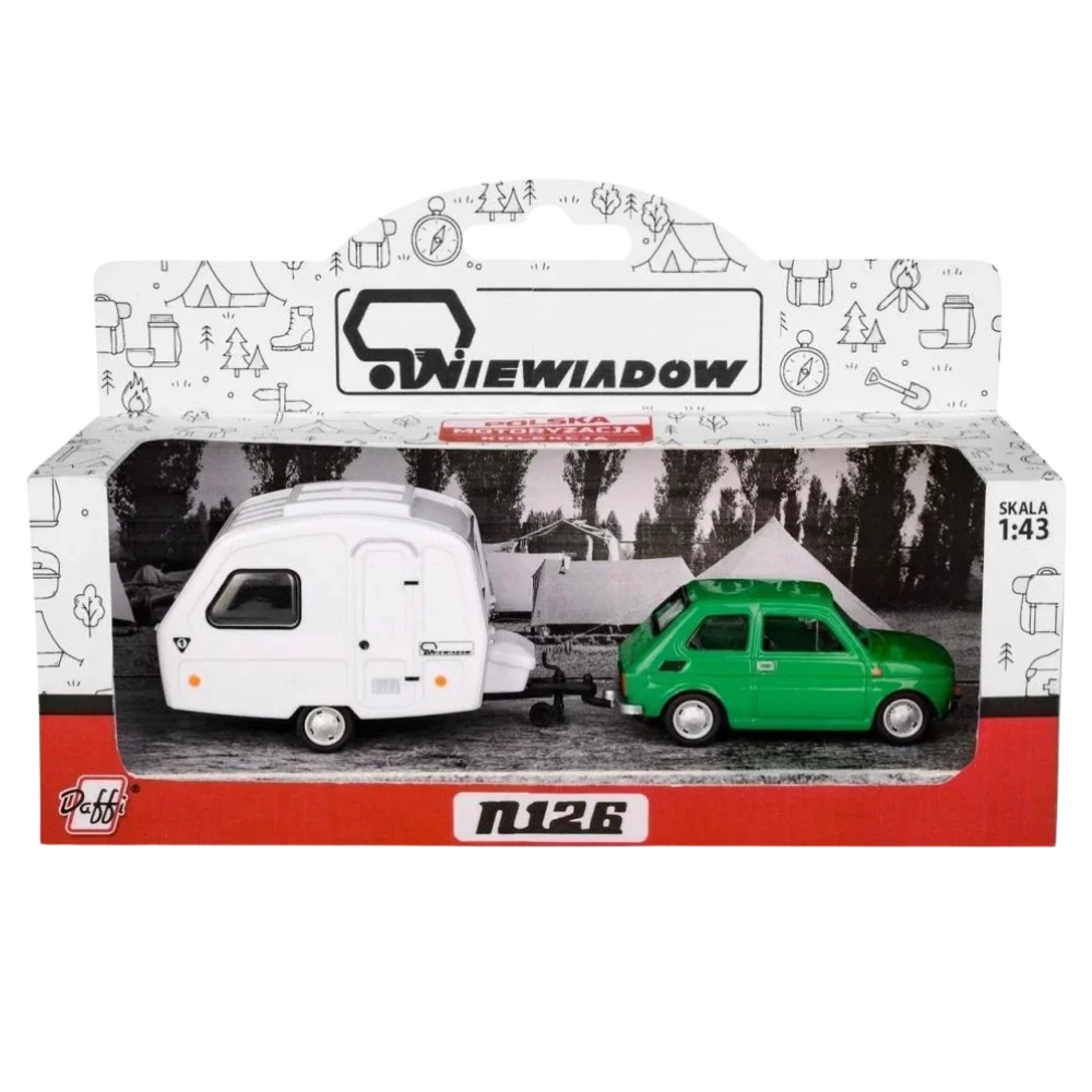 Fiat 126P with Niewiadów Camping Trailer Green Model Car and Caravan Toy Collectible Set