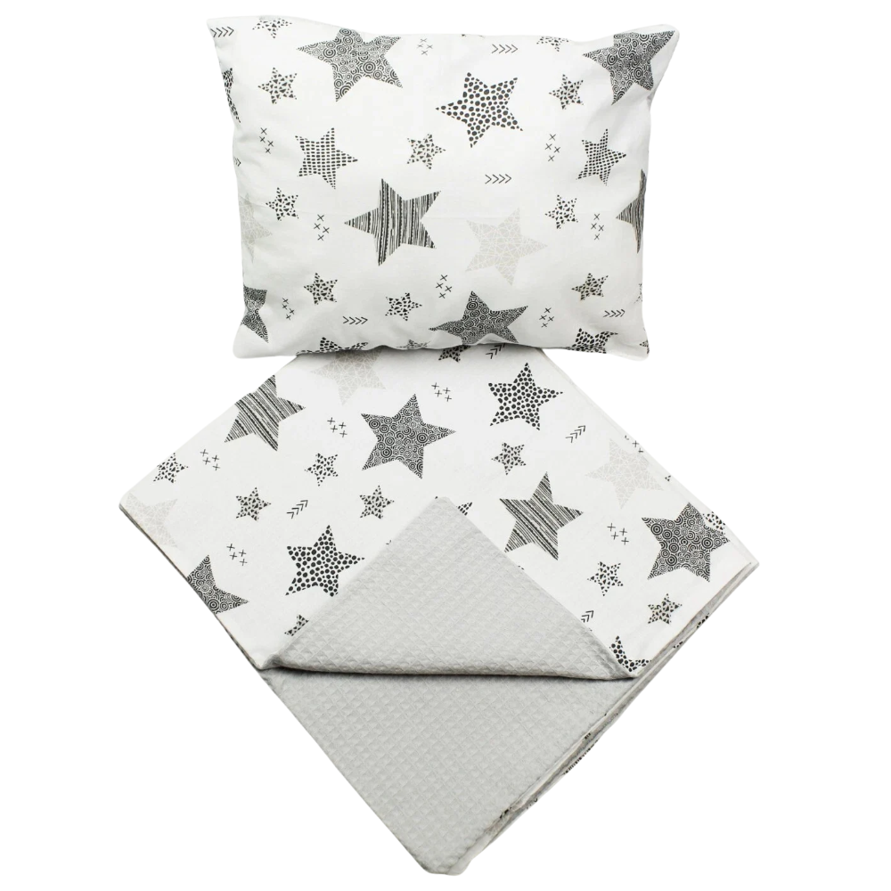 2 Piece Baby Blanket Set Stars Black Grey Waffle Cotton Crib Pram Bedding Pillow Set