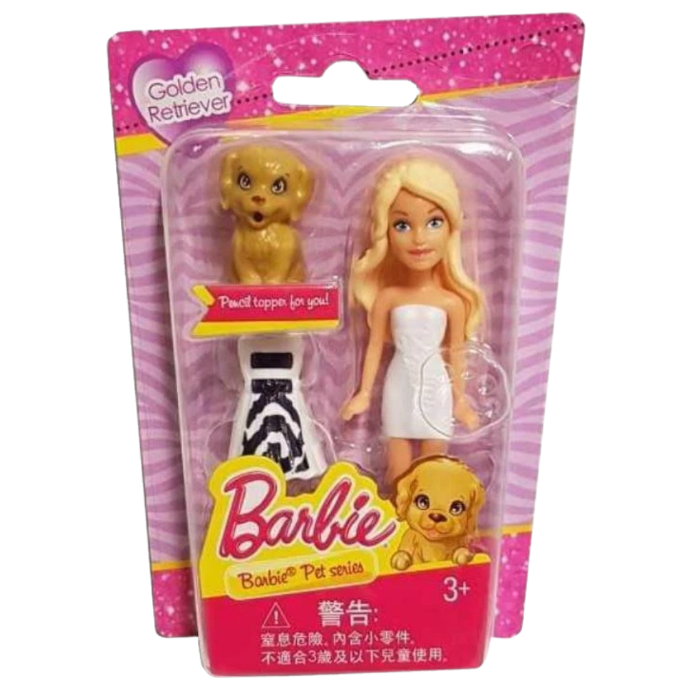 Barbie Mini Doll White & Black Dress with Golden Retriever Pencil Topper Mattel DVT62 Toy