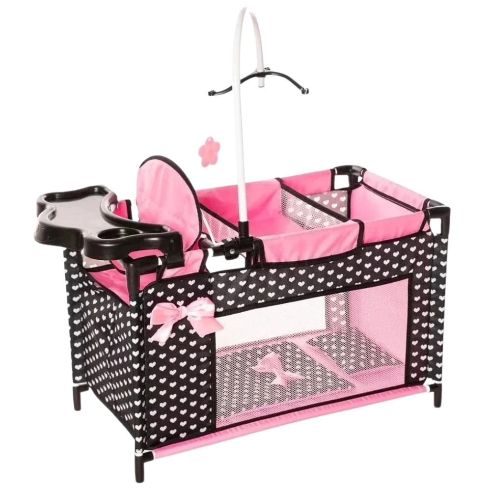 Bayer Design Black Doll Cot with Accessories Pretend Play Nursery Bed Toy Gift for Children