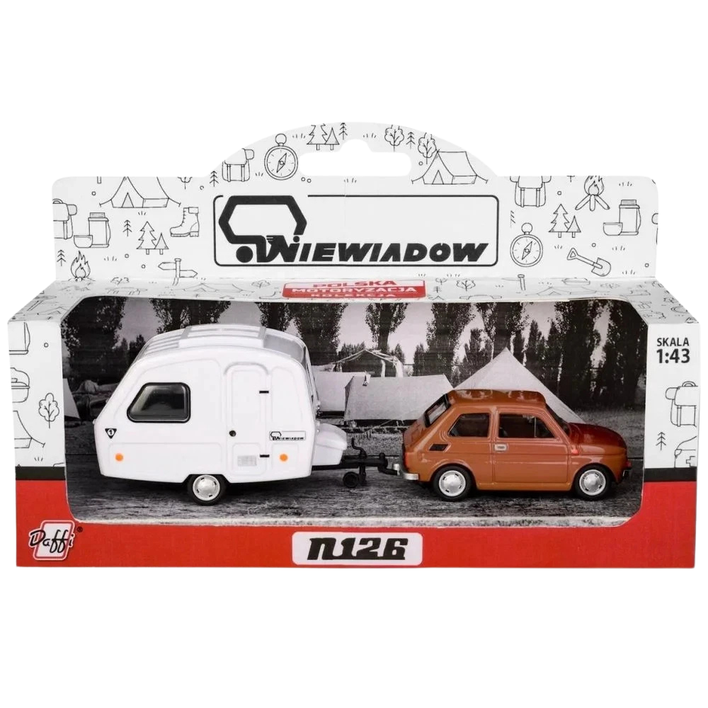 Fiat 126P Brown Car with Niewiadów Camping Trailer Diecast Model Toy Collectible Vehicle Set