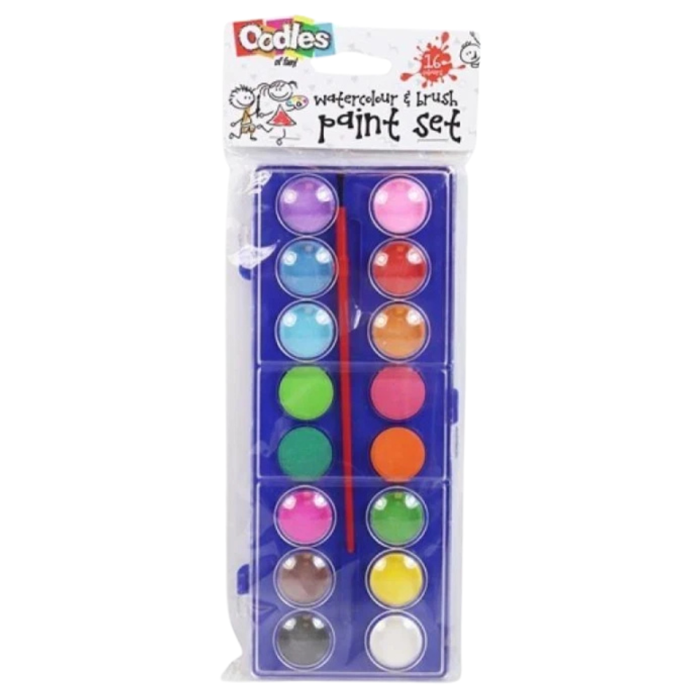 OoDLES 16 Watercolour Paint Set with Brush Kids Art Craft Painting Stationery Set