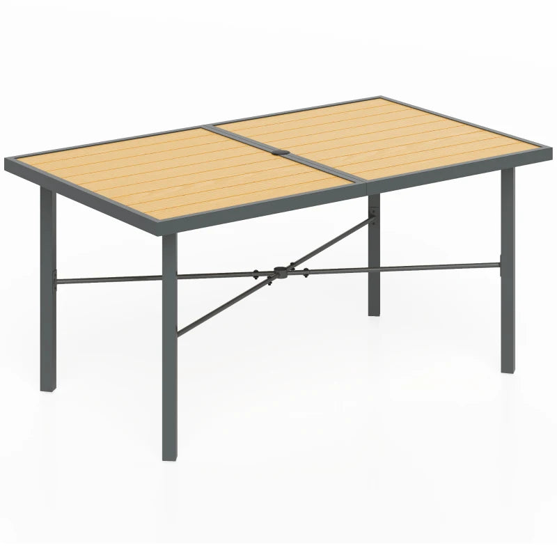 Garden Dining Table for 6 with Umbrella Hole, Wood Effect Top & Rust-Resistant Frame, 150cm