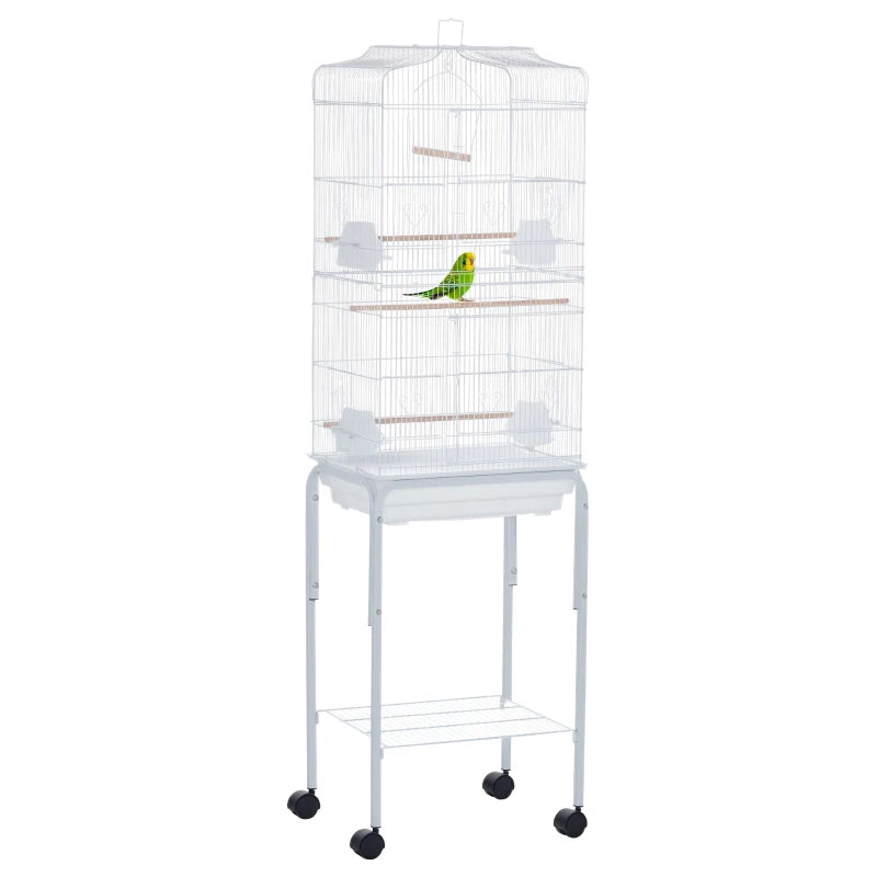 Bird Cage with Stand, Tray & Storage for Budgies – White