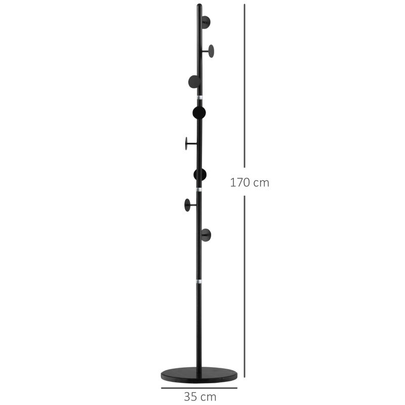 Black Freestanding Coat Rack with Marble Base & 8 Disc Hooks for Entryway
