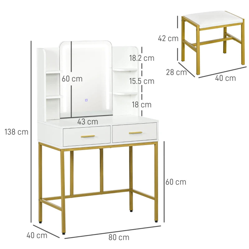 Vanity Table with LED Lights and Stool – Elegant White Design