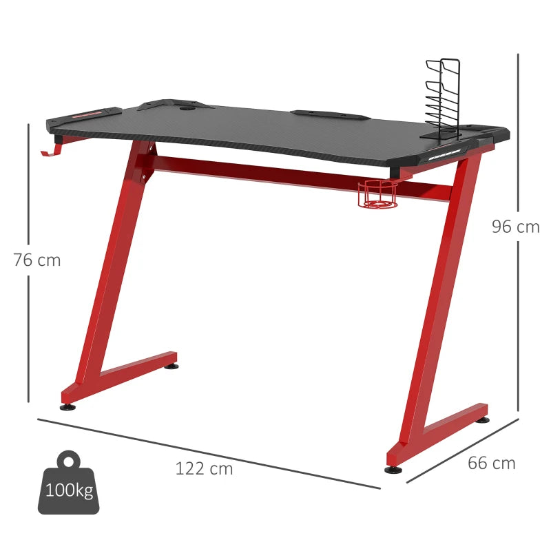 Gaming Desk 122x66cm – Carbon Fibre, Headphone Hook & Cup Holder